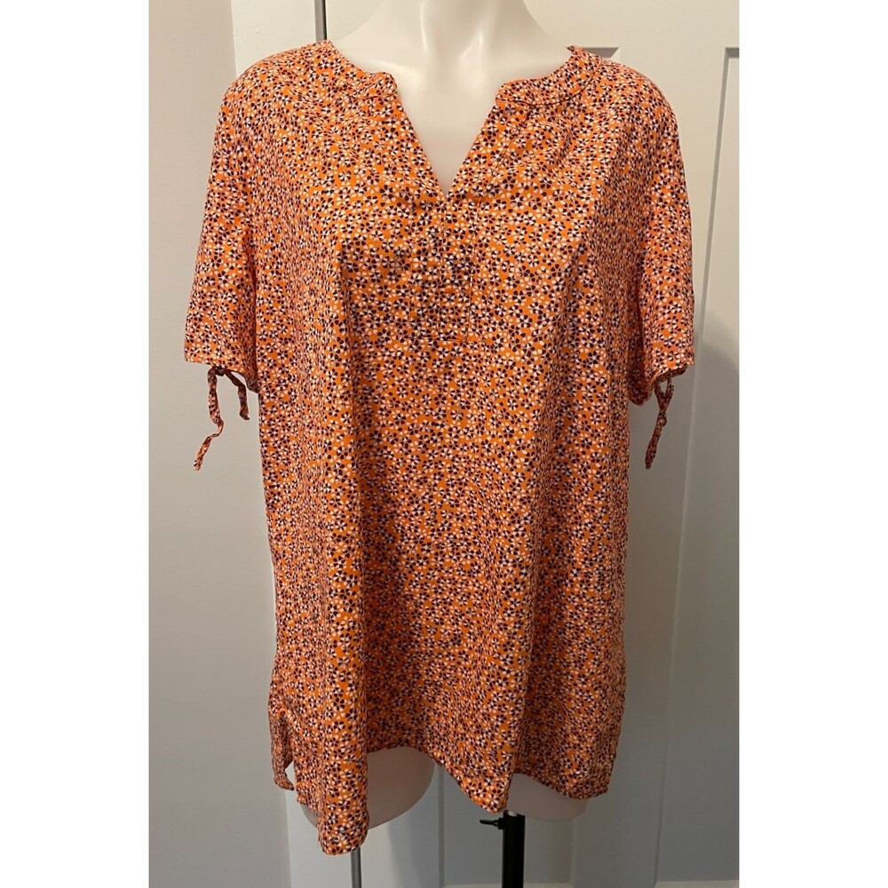 TALBOTS Womens TOP Short Sleeve ORANGE Blue FLORAL Size XL
